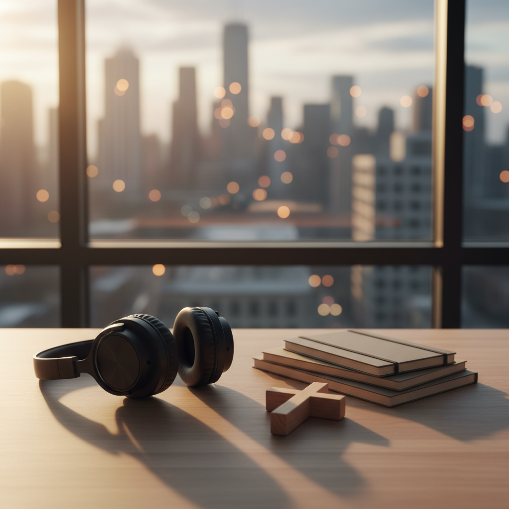 A pair of sleek, over-ear studio headphones with matte black earcups and a cushioned headband rests beside a small stack of neatly arranged notebooks and a simple wooden cross on a light oak table. Behind them, a large window reveals an abstract, softly blurred city skyline at dusk, with hints of warm streetlights suggesting life and community beyond. Golden hour light spills through the glass, wrapping the scene in a gentle glow and casting elongated shadows. Captured from a slightly elevated angle with photographic realism, the composition uses the rule of thirds to balance objects, creating a contemplative, hopeful atmosphere that reflects thoughtful discussions about God, relationships, and spiritual journeys.