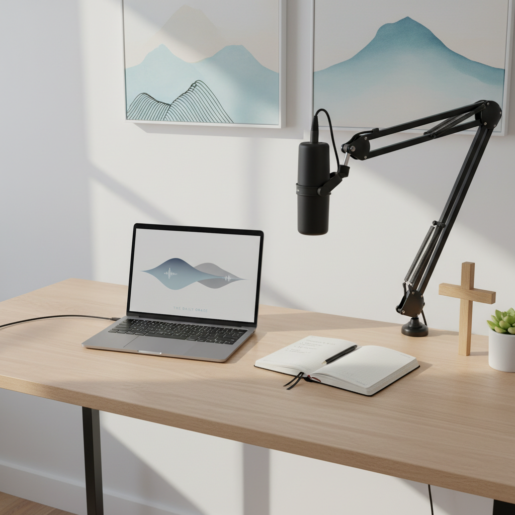 A wide, photographic view of a modern, minimalist podcast recording desk arranged for a faith-based show: a slim laptop displaying a subtle audio waveform, a professional condenser microphone on a boom arm, and a small open notebook with tidy handwritten notes. A simple wooden cross and a tiny potted plant add warmth and symbolism in the corner of the desk. The background reveals clean white walls with tasteful, abstract art in gentle blues and neutrals, evoking peace and spiritual reflection. Soft, diffused morning light enters from an unseen window to the left, creating gentle, natural shadows. Captured from a slightly elevated, three-quarter angle with sharp focus throughout, the image feels organized, hopeful, and inviting, ideal for a Christian podcast brand homepage.